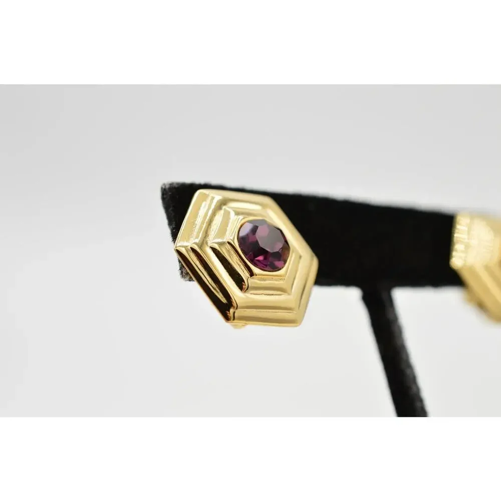 Vintage Crystal Clip On Earrings Rhinestone Purple Gold Statement NOS 1980s 9L